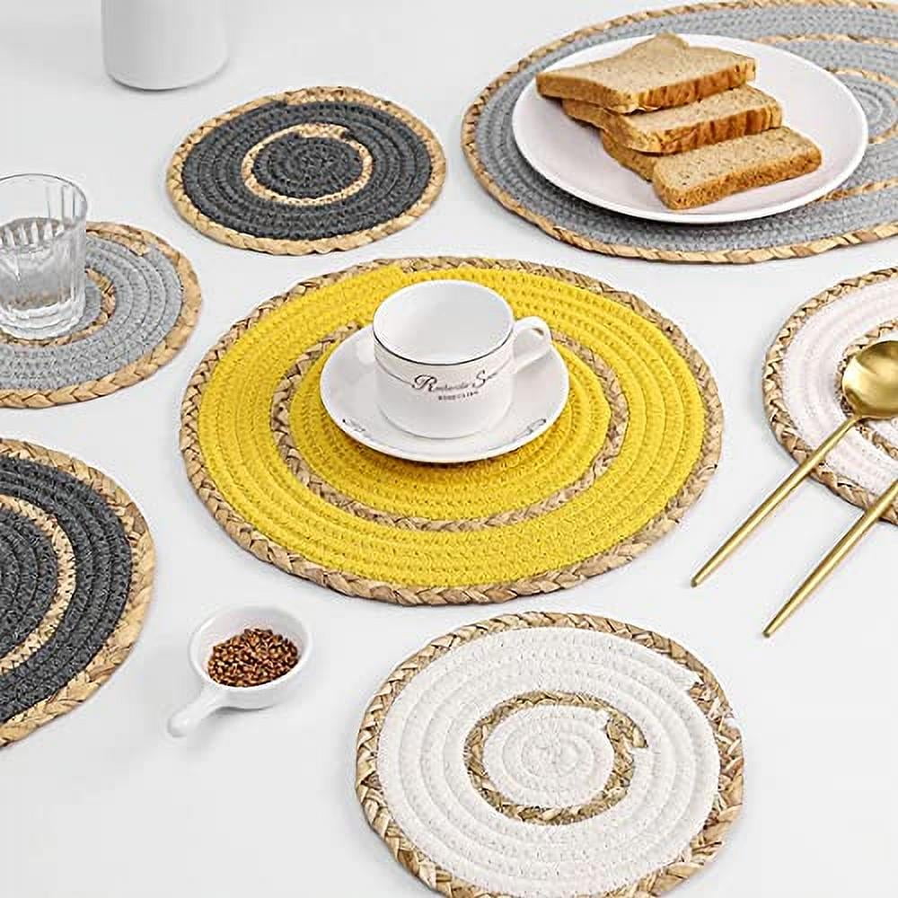 Fennco Styles Hand-Woven Rattan Cotton Rope Placemats 12-Inch Round, Set of 4 - Yellow Braided Table Mats Heat Resistant Insulation for Home, Boho Décor, Dining Table, Banquets, Special Events