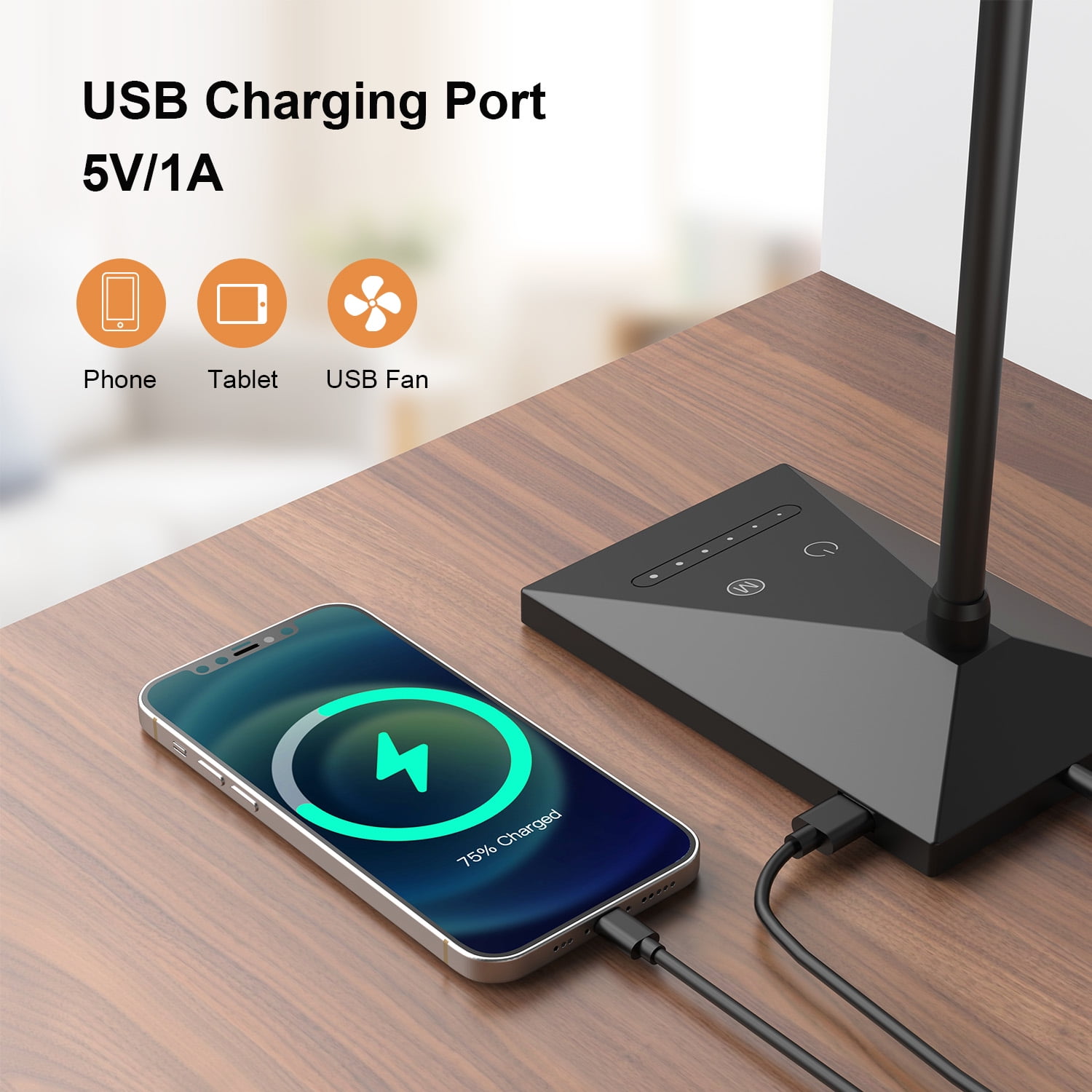 KOOTION 12W 72 LEDs LED Desk Lamp USB Charging Port 5 Modes 7 Brightness Touch Control Eye Caring Table Reading Light Black