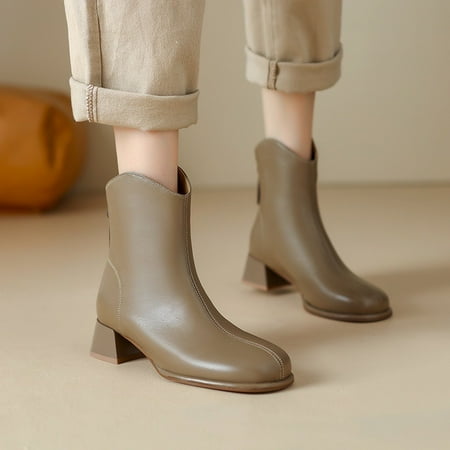 

Sheepskin mid heel autumn and winter genuine leather women‘s shoes all-match square toe chunky heel women‘s boots back zipper fleece-lined soft leather short boots