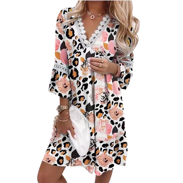 VISgogo Vestido suelto con cuello en V para mujer, bohemio 3/4 de manga larga con ribete de encaje, minivestido de playa fluido VISgogo moda