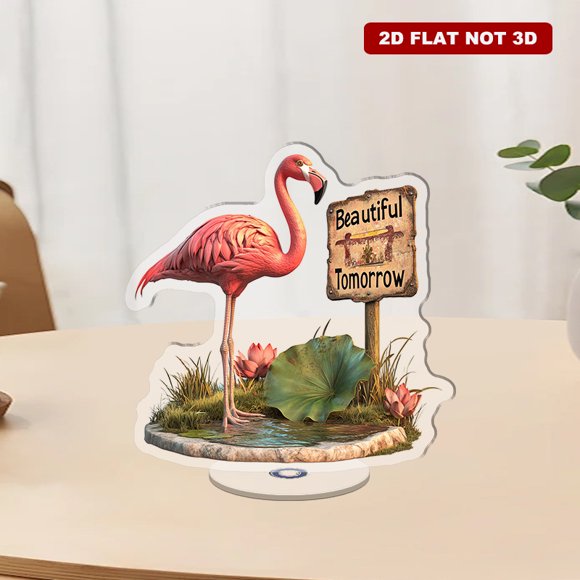 A rotating acrylic display featuring a lifelike flamingo on a lotus leaf, surrounded by jungle scenery and a sunset river, exuding surreal cinematic beauty