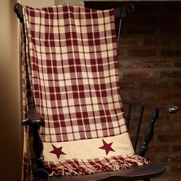 Primitive Farmhouse Star Country Throw Blanket, Burgundy or Black and