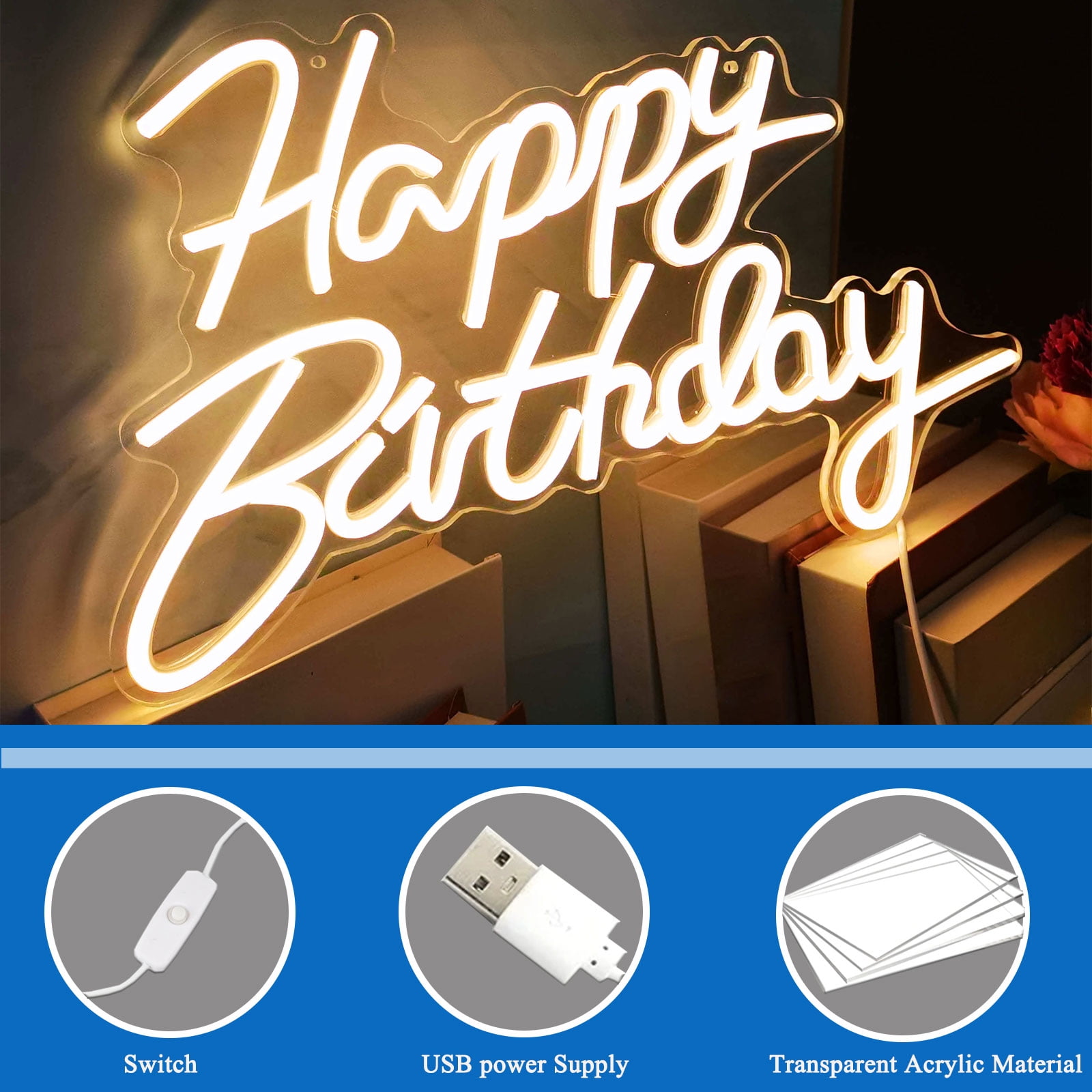 CTTNLS Happy Birthday Neon Sign For Wall Decor, Reusable Happy Birthday Neon Light Sign For All Birthday Party Decoration Warm White 5v USB Operated Decorative For Backdrop Party Bedroom