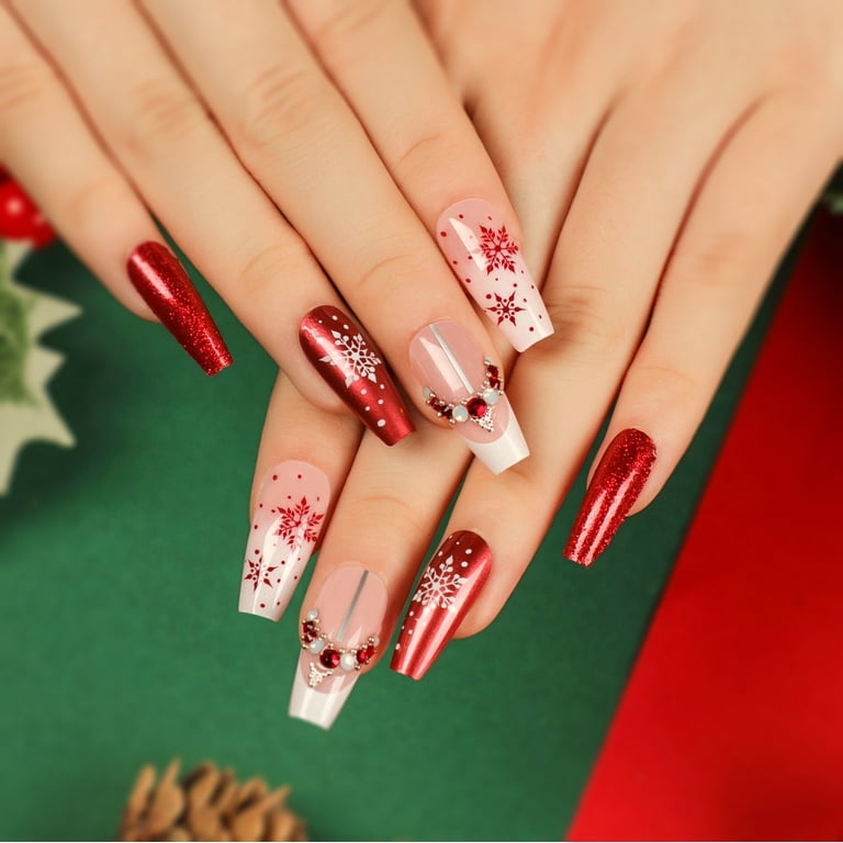 Rainsin White French Christmas Minimalist Nails,Shiny Red and Rhinestone  Christmas Design with Coffin Fully Covered Press on Fake Nails 24PCS 