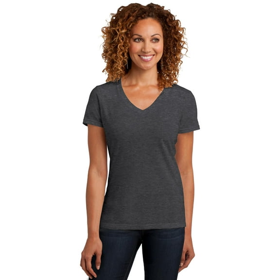 District Made Ladies Perfect Blend V-Neck Tee. Dm1190l , DM1190L , Heathered Charcoal , Medium