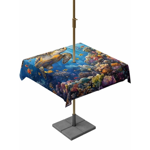 Outdoor Tablecloth with Umbrella Hole, Sea Turtle Summer Ocean Zippered Table Cloth for Rectangle Tables, Watercolor Coral Underwater World Washable Waterproof Tablecloths for Picnic Patio Garden