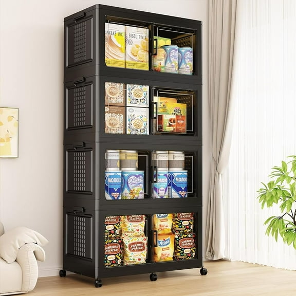 Fangtueh 200GAL Storage Bins with Lid and Wheels, Stackable Closet Organizers and Storage Drawer, Collapsible Storage Box with Dividers, Foldable Plastic Cabinets Cubes Totes for Garage, 4 Pack Black