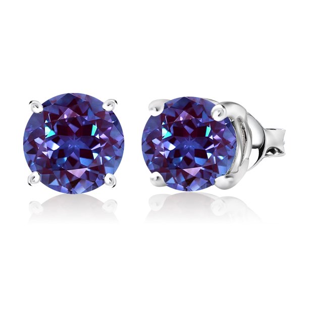 JeenMata Aros Solitarios de 1 Quilate con Forma Redonda de Alejandrita (Piedra Natal de Junio) Chapados en Oro Blanco de 18 K sobre Plata