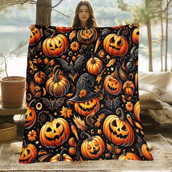 Halloween Pumpkin & Witch Hat Flannel Blanket - Soft Warm 280GSM HD Printed Autumn Throw for Travel, Camping, Sofa, Bed - 3 Sizes (30x40in/50x60in/60x80in) - Gift for Family & Friends, Halloween Deco