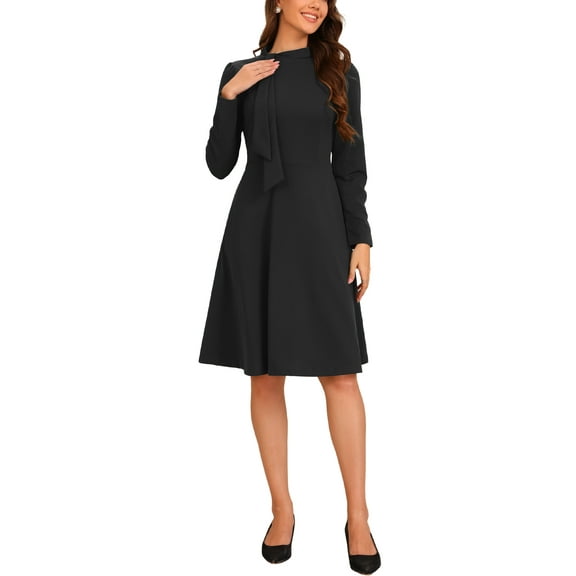 INSPIRE CHIC Tie Neck Dress for Women's Mock Neck Long Sleeve A-Line Midi Dresses