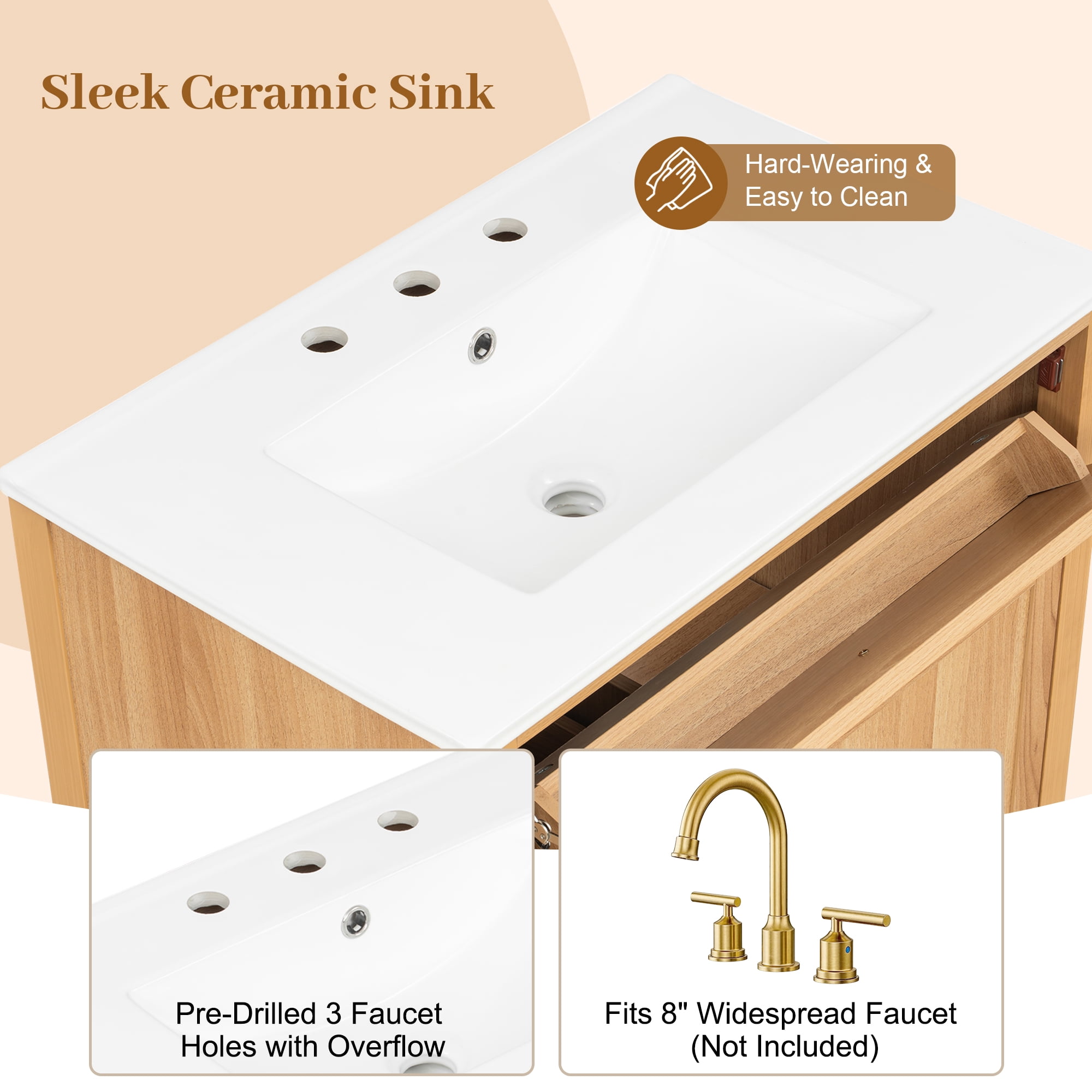 30" Natural Wood Grain Bathroom Vanity with Ceramic Sink, Solid Wood Legs, Soft-Close Mechanism, Tip-Out Drawer & Storage Shelf on Door, Adjustable Shelf