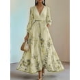 thumbnail image 4 of Women'S V Neck Floral Printed Pleated Dress Long Sleeve Flowy A Line Party Maxi Cocktail Dresses Light Yellow L, 4 of 7