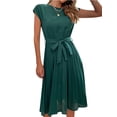 thumbnail image 4 of HUBER Women Round Neck 1/4 Sleeve Pleated Solid Color Tie Waist Dress, 4 of 7