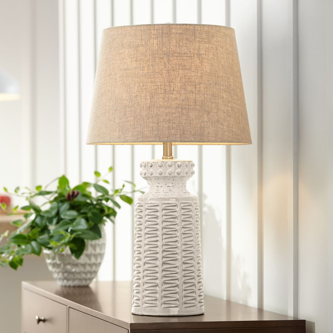 360 Lighting Country Cottage Table Lamp Ceramic Rustic Cream White Glaze Linen Tapered Drum