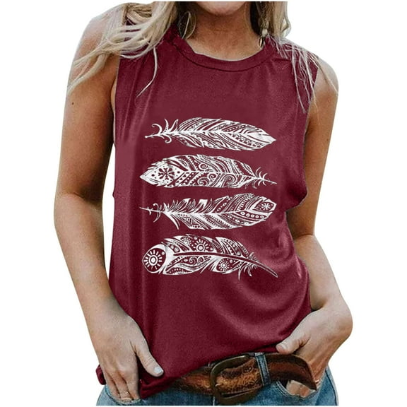 Women's Summer Sleeveless Tank Top Summer Feathers Printed Blouse T Shirt Plus Size Loose Fit Graphic Tees Tunic