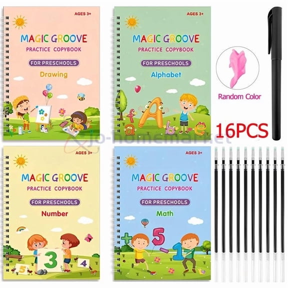 4-Piece Reusable Writing Practice Books for Kids Ages 3-8, Magic Grooved Handwriting Tracing Workbook Set