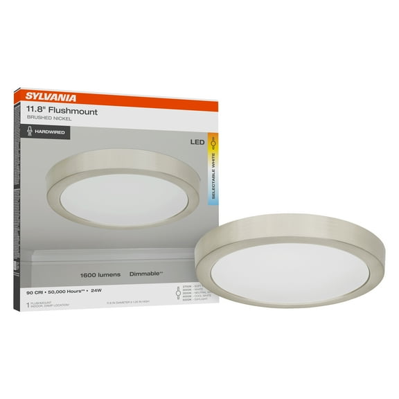 Sylvania 12" Flush Mount LED Fixture, 5 Color Select, 90 CRI, Dimmable, 1-Light, Brushed Nickel, Living Room