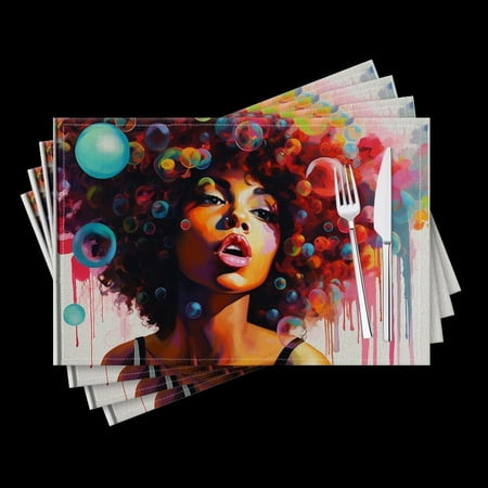 

Bahomeck Placemats Set Of 4 Rectangle Linen Cotton Placemats For Dining Table Fade Resistance Washable Heat Resistant，18*12Inch American Woman With Curly Hair Blowing Bubbles