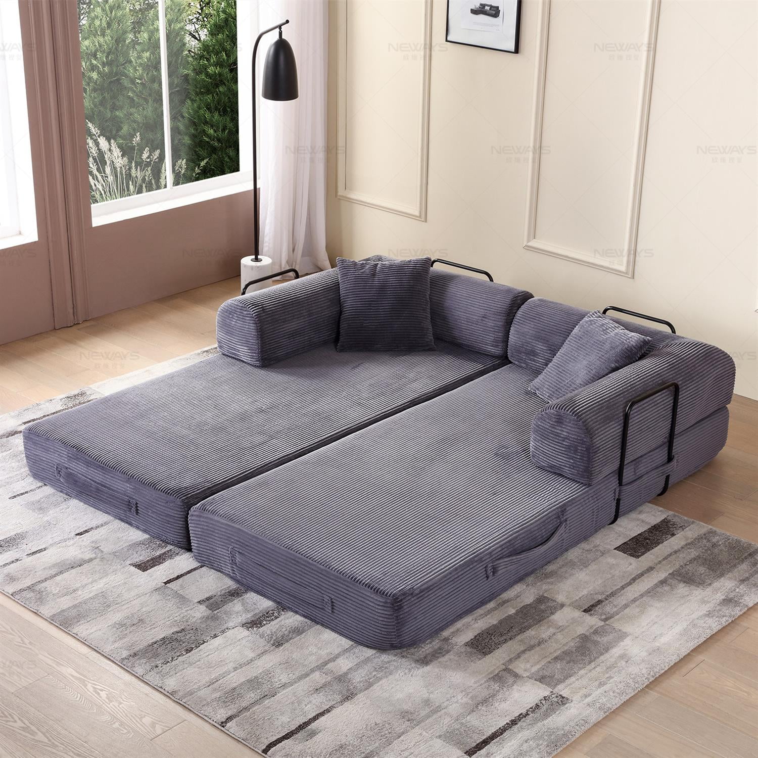 Demi Bonn 77" Convertible Sleeper Sofa Bed, Corduroy Foldable Mattress Couch with Cylindrical Pillow & Fixed Frame for Living Room, Bedroom, Gray