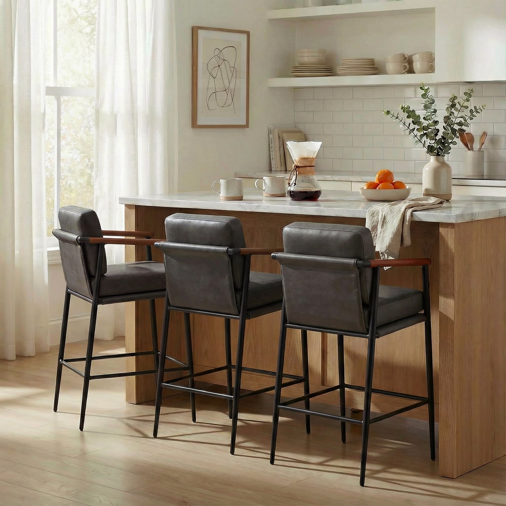 Spruce & Spring Mid-Century Modern Counter Stool Set with Wood Armrests and Cushioned Sling Seat Set of 2, Retro Grey Faux Leather