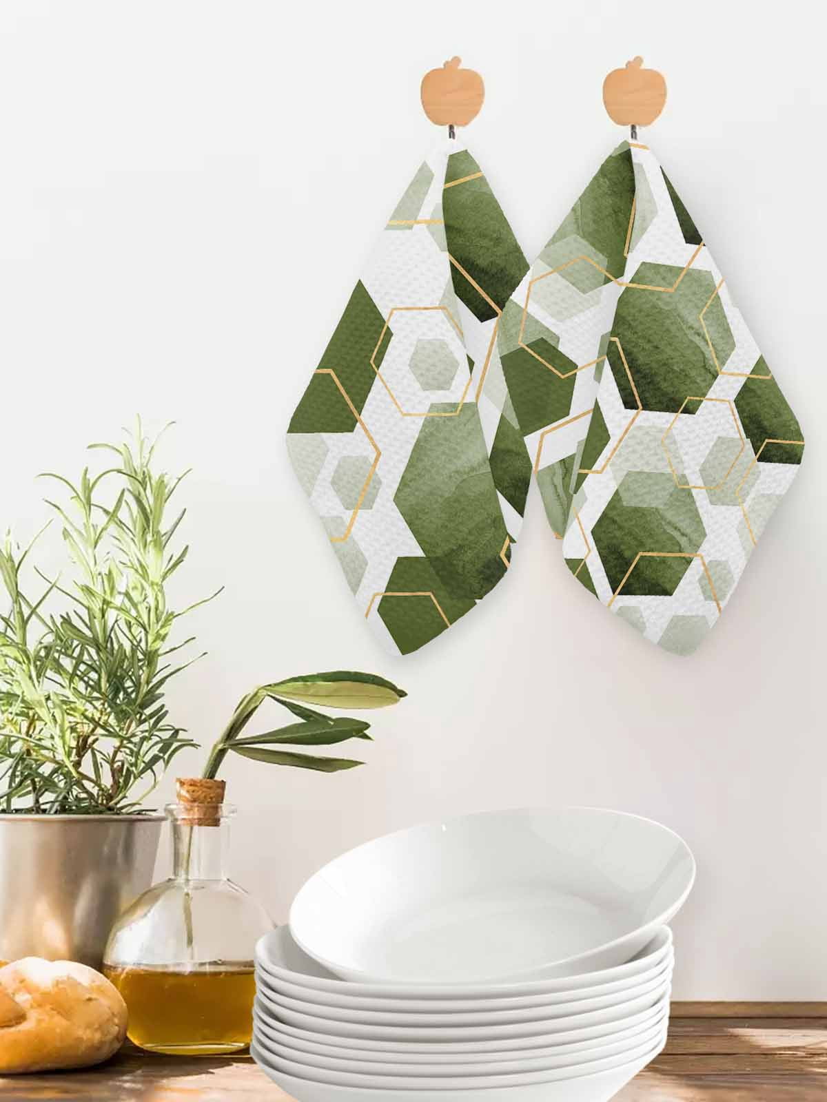 Sage Green Marble Dish Towels Set, Waffle Weave Kitchen Towels 4 Pieces, Gold White Geometric Hexagon Modern Microfiber Hair Face Bath Tea Towel Absorbent Quick Drying Cleaning Dish Cloths 12"x12"