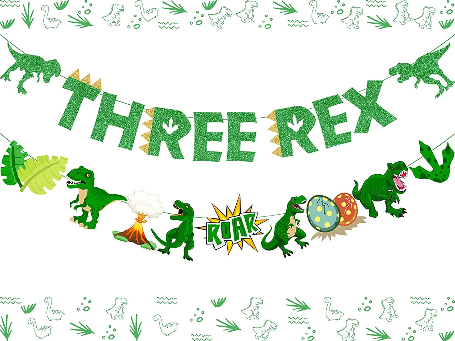 Three Rex Birthday Party Decorations - Green Glittery Three Rex Banner and Dinosaur Theme Garland 3rd Birthday Party Supplies for Boys Girls