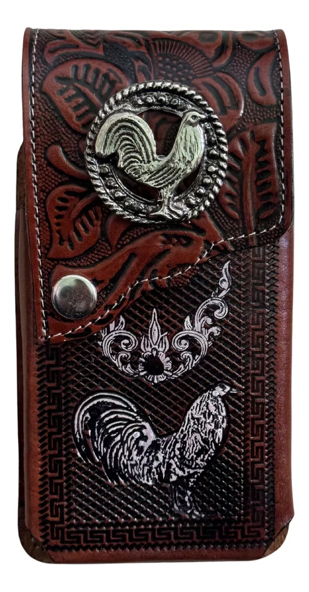 Étui Téléphone Western Vaquero – Cuir Simili – Motif Coq/Gallo – Fait Main Mexique