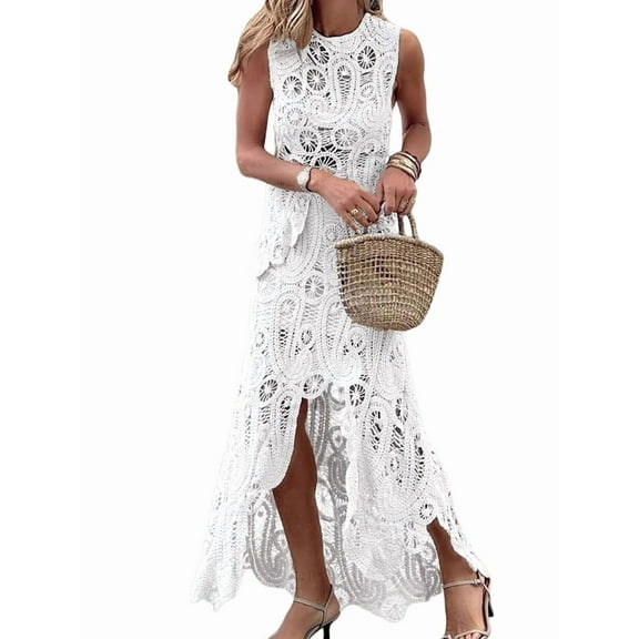 Women Two Pieces Skirt Sets Summer Cut Out Hi-Low Crochet Knit Long Dresses White L