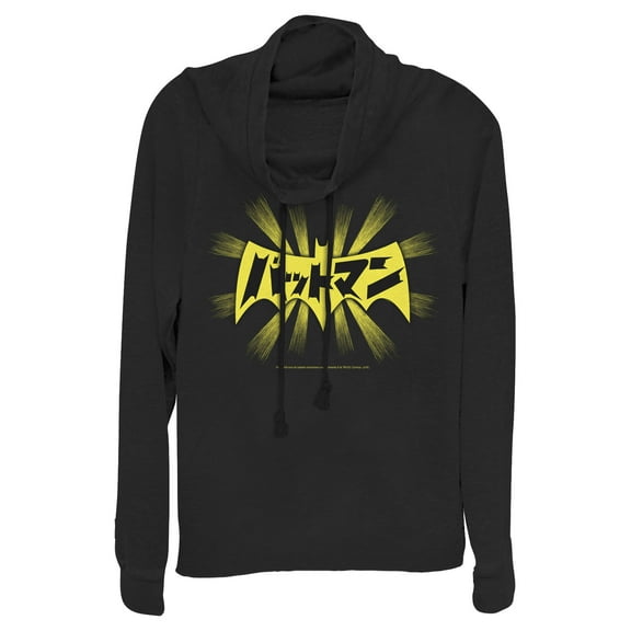 Junior's Batman Logo Kanji Characters  Cowl Neck Sweatshirt Black Small