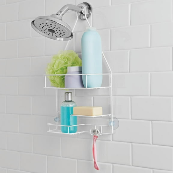 Mainstays Basic Hanging Shower Caddy with 2 Shelves and Soap Tray, White