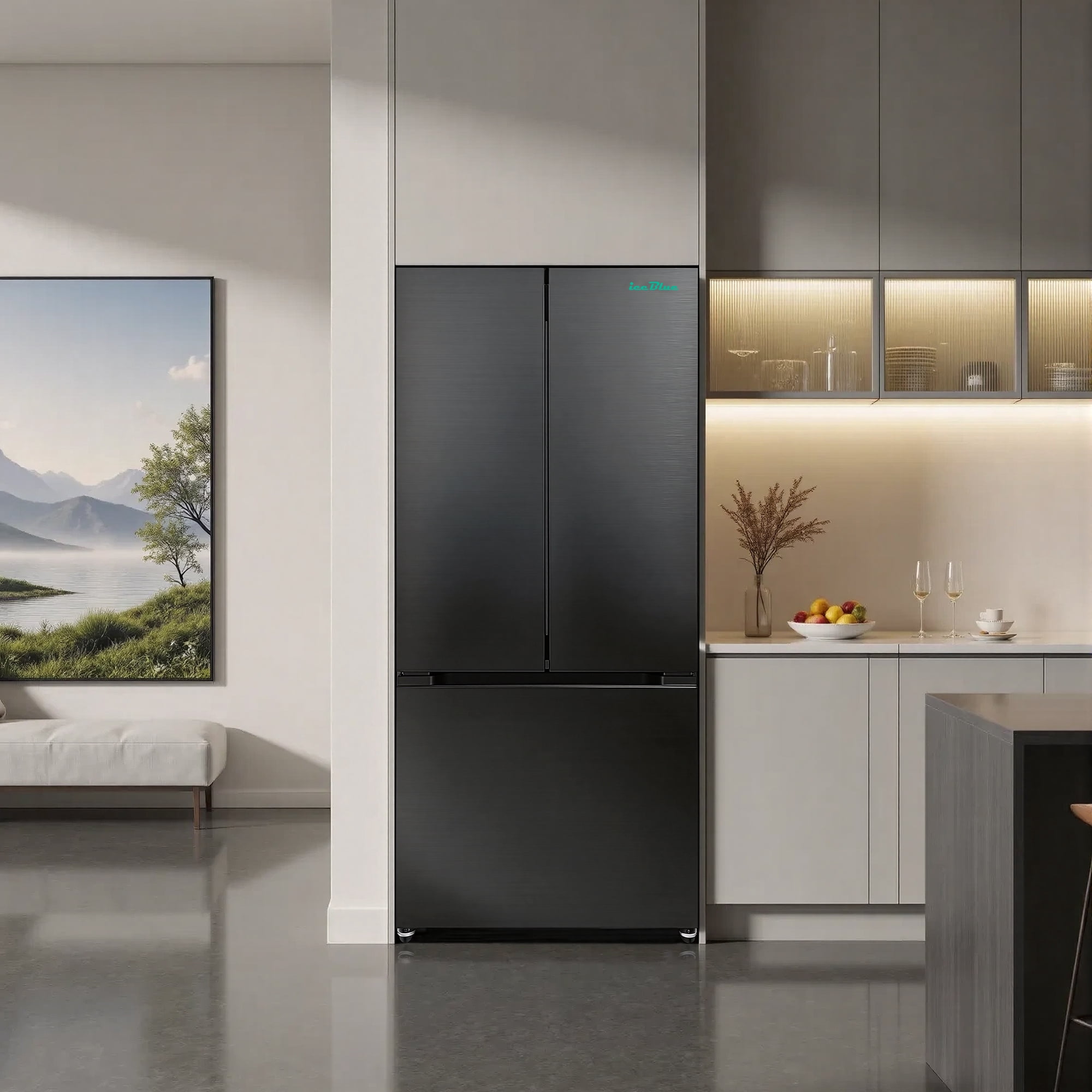 iceBlue 30" Black Stainless Steel French Door Refrigerator, Top Fridge and Drawer Freezer, 17.7 Cu. Ft.