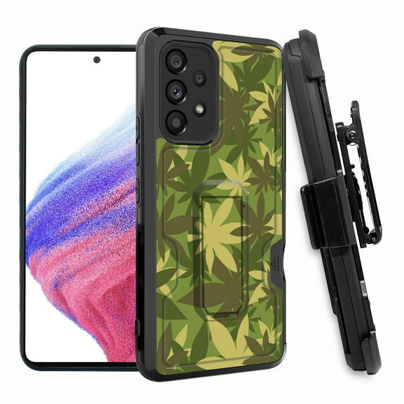 ANJ  Rugged Shockproof Hoster Case w/Card Slot, Kickstand   Tempered Glass Cover for Samsung Galaxy A33 5G - Green Leaves Camo