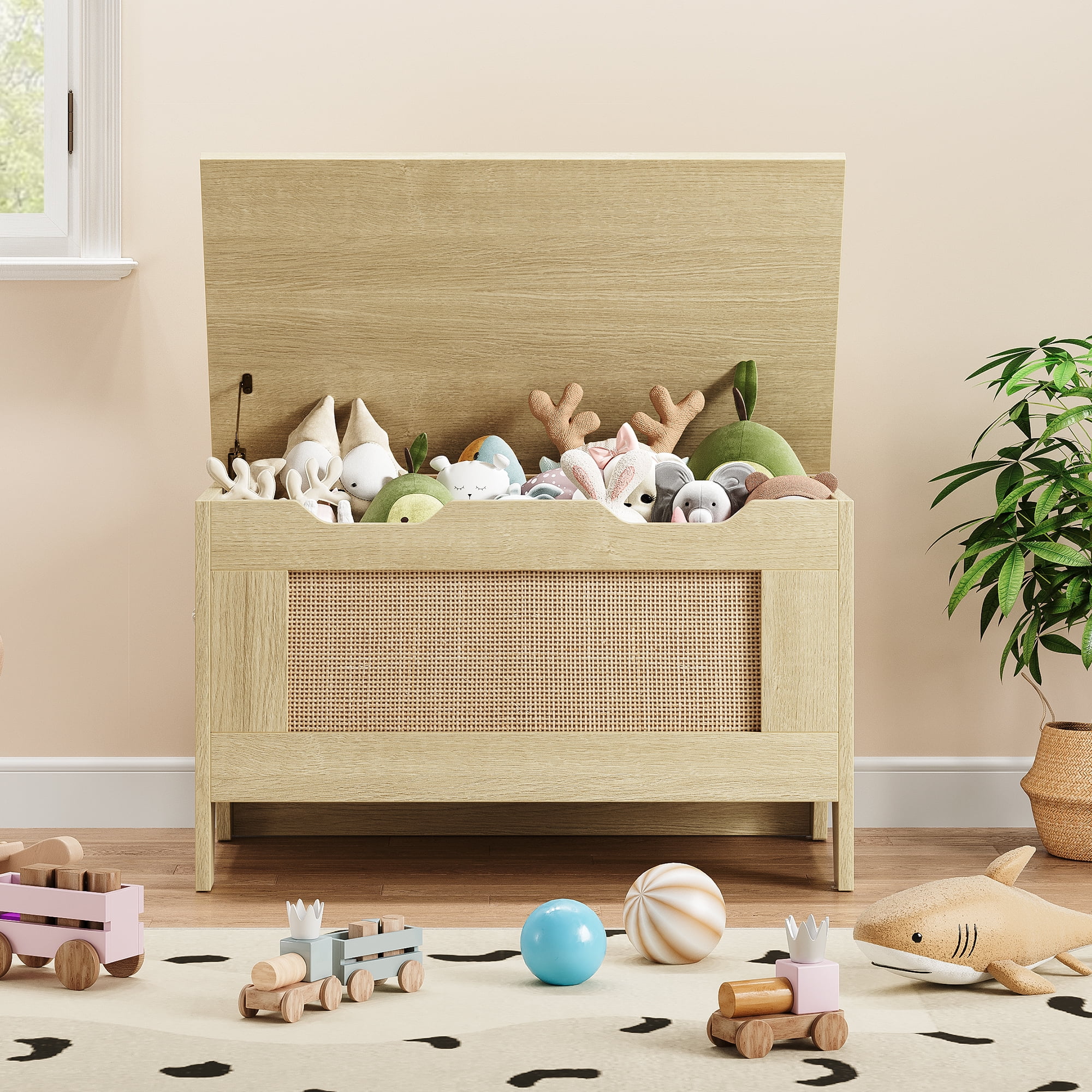 Storage Bench, Wooden Storage Chest with Safety Hinge, Toy Chest With Lids, Toy Box Organizer for Living Room, Playroom