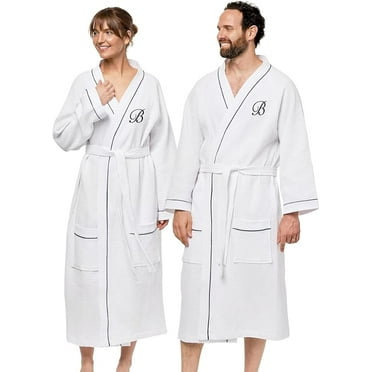 Kaufman -  Luxury Bathrobe Waffle Kimono Bathrobe Unisex 100% Cotton, Men Women Soft White Robe 1 Piece with "I" Initial