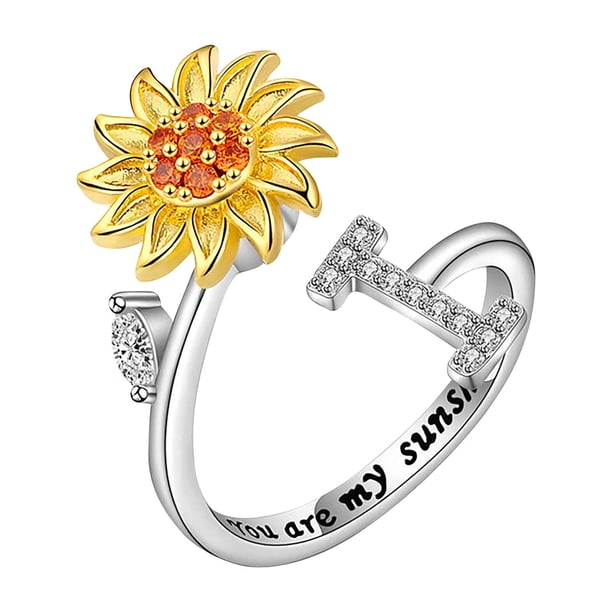 Fiudx Anillo Giratorio Girasol con 26 Letras, Anillo Girasol Abierto para Descomprimir La Ansiedad, Anillo Femenino
