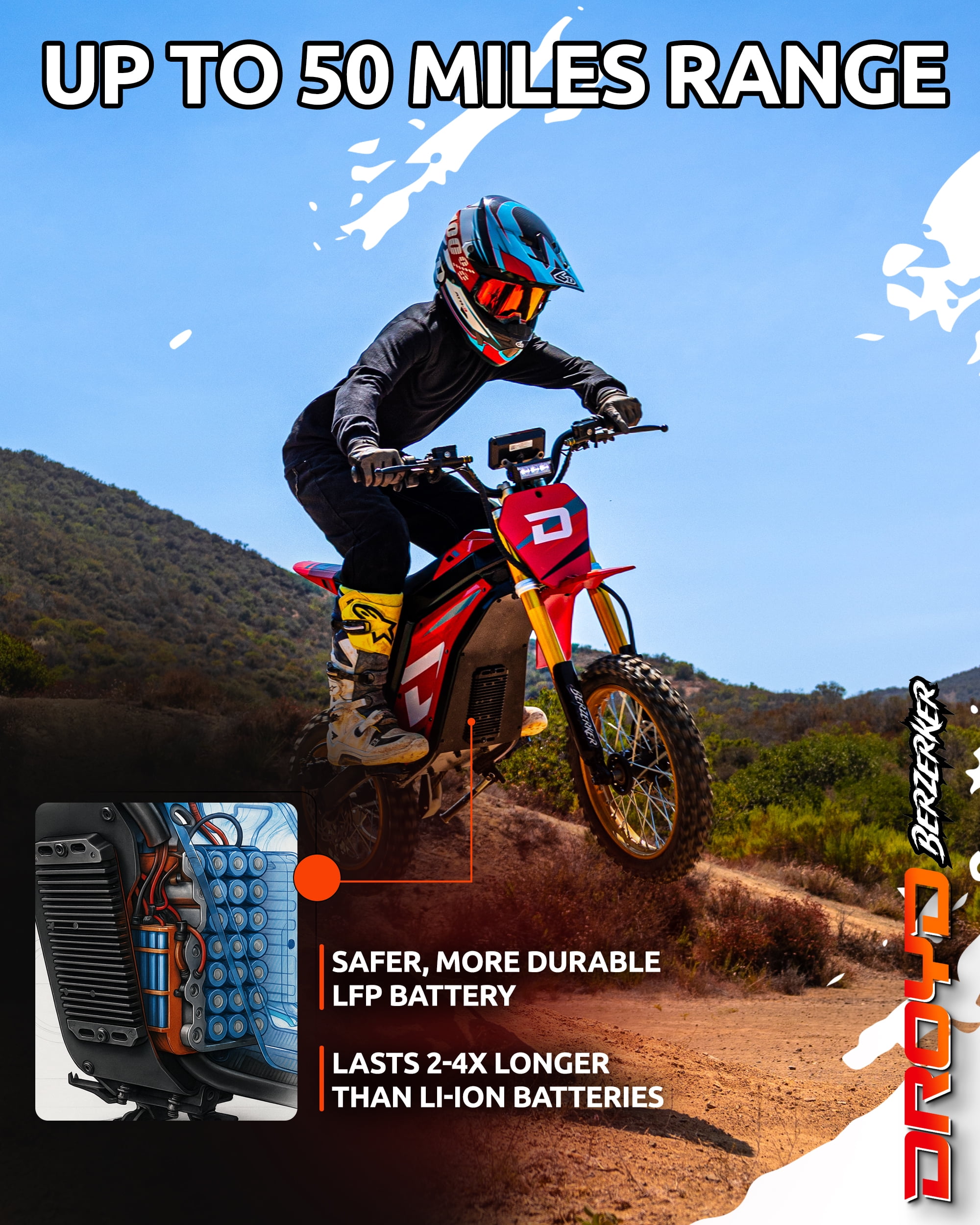 Droyd Berzerker Electric Dirt Bike for Kids 13+, Teens & Adults – 3000W Peak Motor, 48V 30Ah LFP Battery, 42 MPH Max Speed, 50 Mile Range, Hydraulic Brakes, Adjustable Suspension, Off-Road