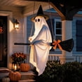 thumbnail image 3 of Clearance 5 FT Hanging Ghost Decor,Early Halloween Decorations Light-Up Flying Ghost on Broomstick with Witch Hat, Witch Broom, Spooky Cute Outdoor Halloween Yard Decorations （Smile Face）, 3 of 4