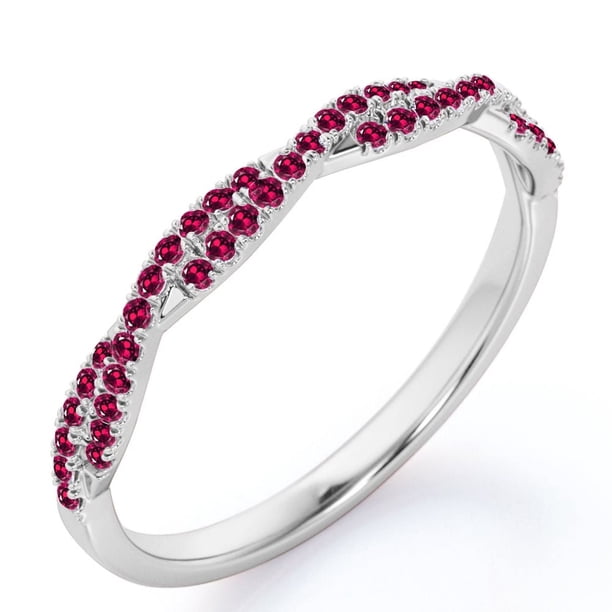JeenMata Alianza de Boda de Oro Blanco de 18 K sobre Plata con Pavé de Rubíes y Piedra Natal de Julio de 0,25 Quilates con Forma Redonda y Estilo Infinito