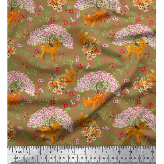 Soimoi Satin Silk Fabric Tree,Floral & Deer Animal Print Fabric by The Yard 42 Inch Wide