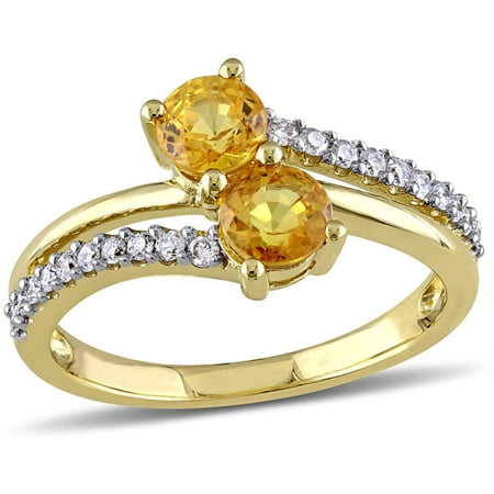 Tangelo 1-1/10 Carat T.G.W. Yellow Sapphire and 1/5 Carat T.W. Diamond 10kt Yellow Gold Double-Row Two-Stone Ring