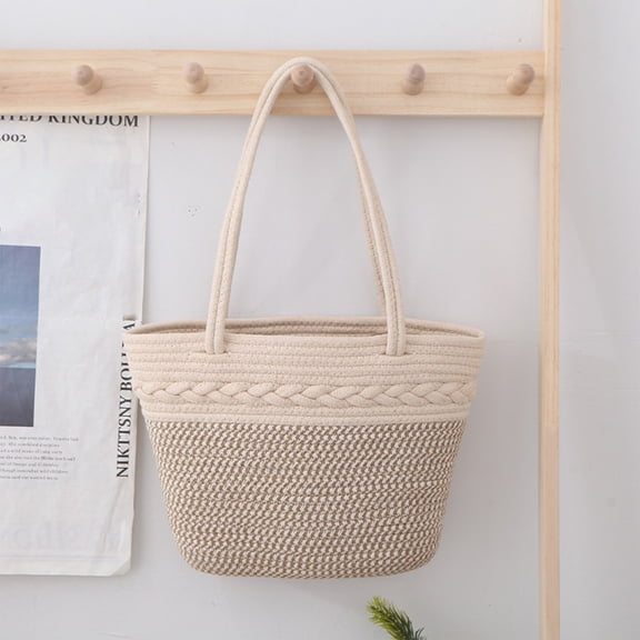 Kraoden Rope Woven Handbag Large Capacity Shoulder Bag, Versatile Casual Woven Beach Bag, Durable Portable Storage Bag, Decorative Organizer Basket with Ergonomic Handle