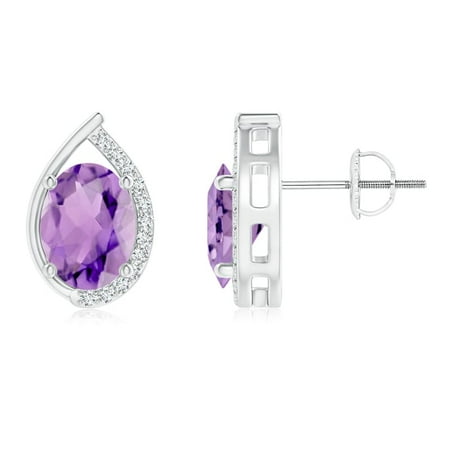 - Teardrop Framed Oval Amethyst Solitaire Stud Earrings in 14K White Gold (8x6mm Amethyst) - SE1387AMD-WG-A-8x6