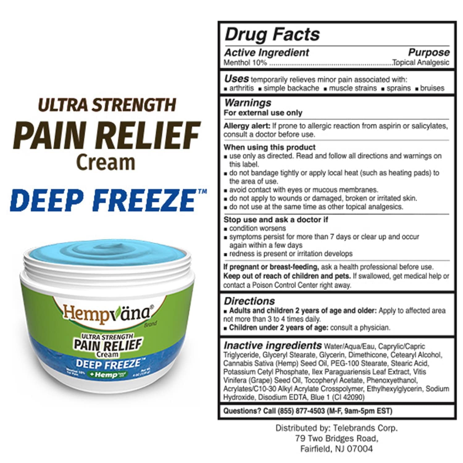 Hempvana Deep Freeze Pain Cream, Relief for Swelling, Inflammation, and Bruising with Menthol 10%