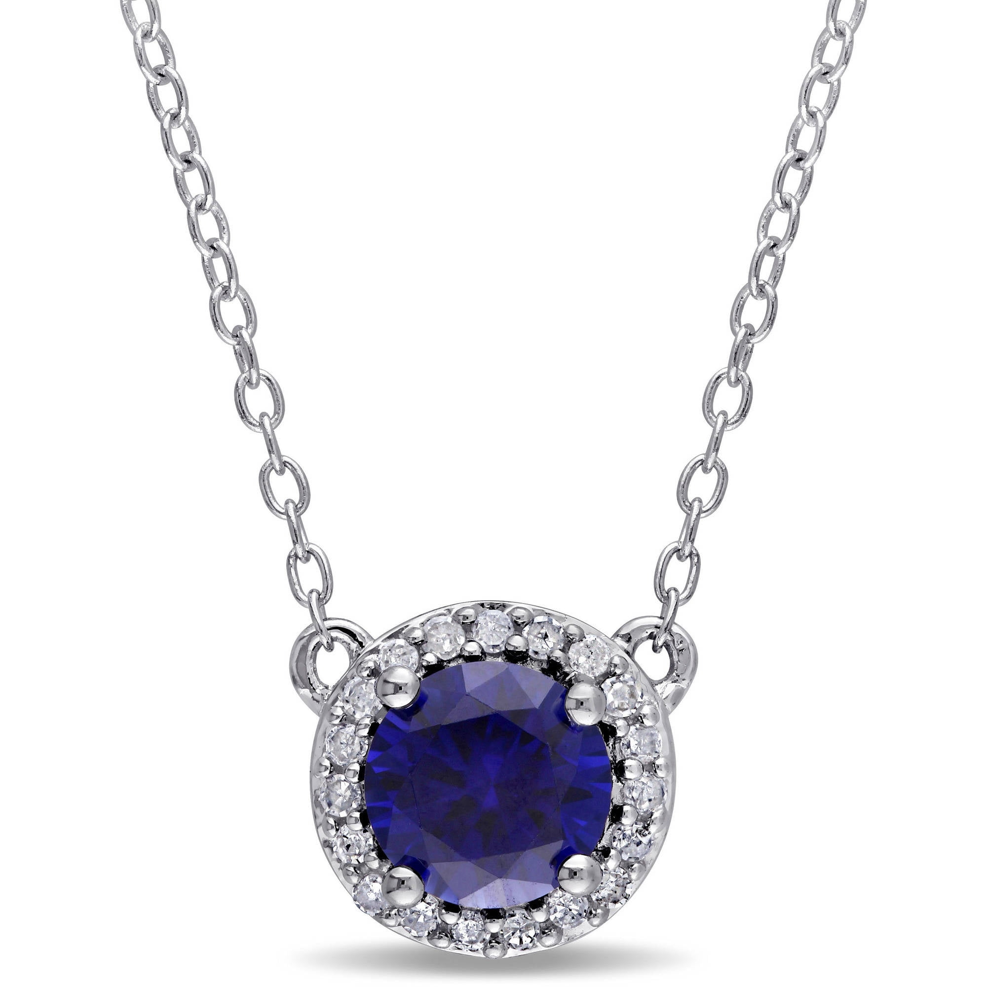 Tangelo 1 Carat T.G.W. Created Blue Sapphire and Diamond-Accent Sterling Silver Halo Necklace, 16" by Tangelo