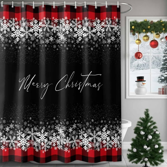 Merry Christmas Shower Curtains for Bathroom, Modern Snowflakes Buffalo Plaid Red Black Waterproof Fabric Shower Curtain for Bathroom Bathtub Decoration, Machine Washable, 72"x84"