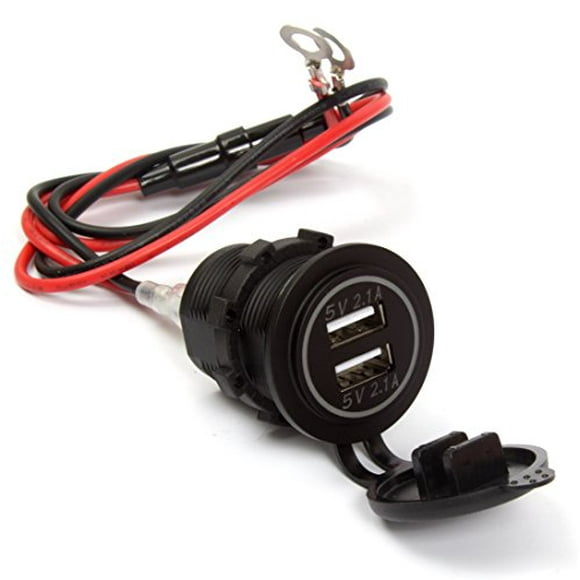 Ginsco Dual USB Charger Socket Power Outlet 2.1A & 2.1A(4.2A) for Car Boat Marine RV Mobile with Wire Fuse DIY Kit Blue LED