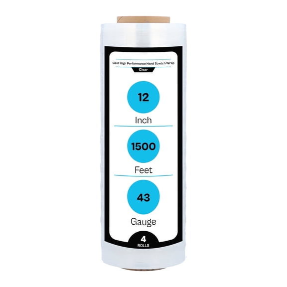 MMBM Hand Stretch Wrap 12" x 1500' 4 Rolls 43 Gauge Clear Plastic Shrink Film for Packing and Wrapping