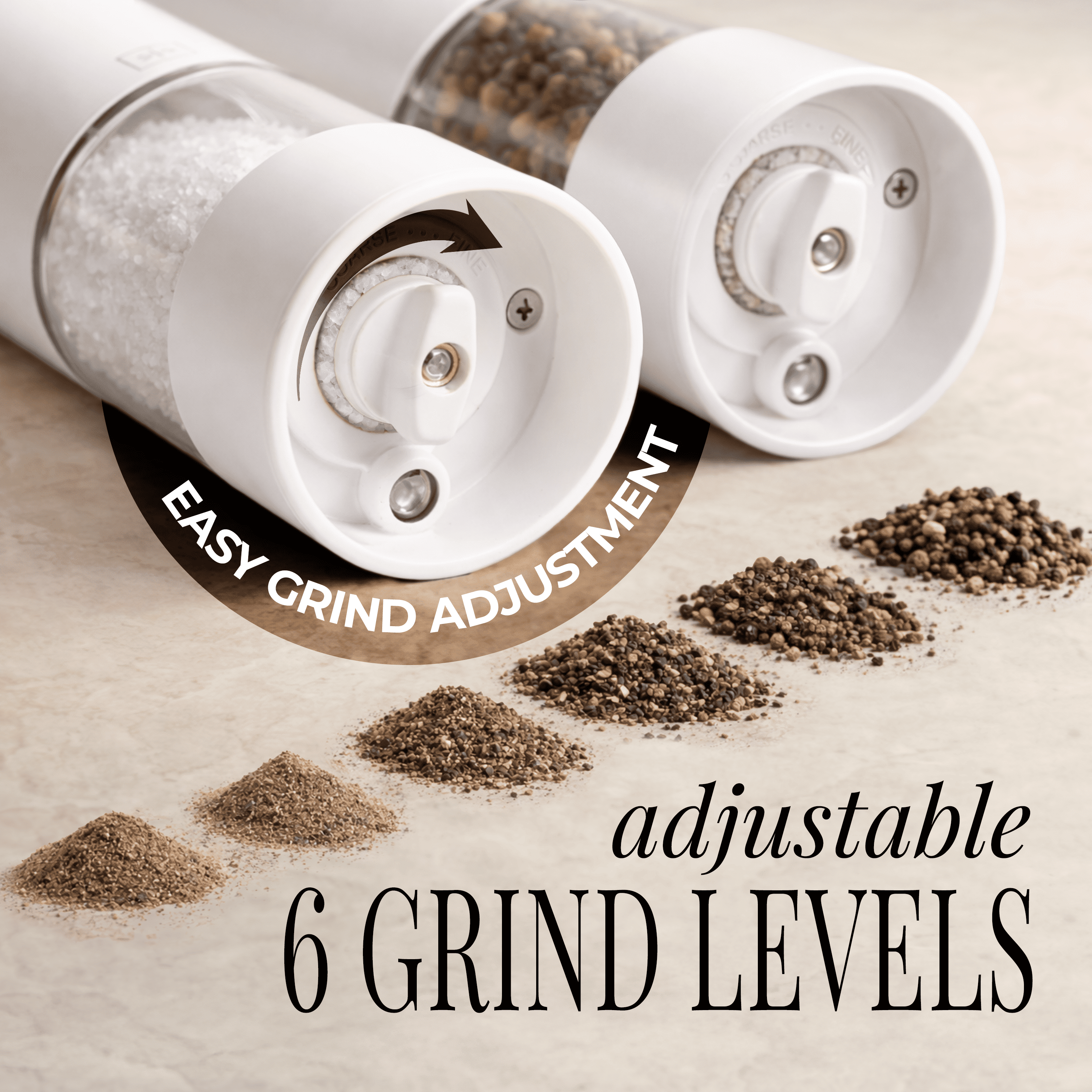 Rechargeable Electric Salt and Pepper Grinder Set – White Stainless Steel, USB-C Charging, Adjustable Coarseness, LED Light