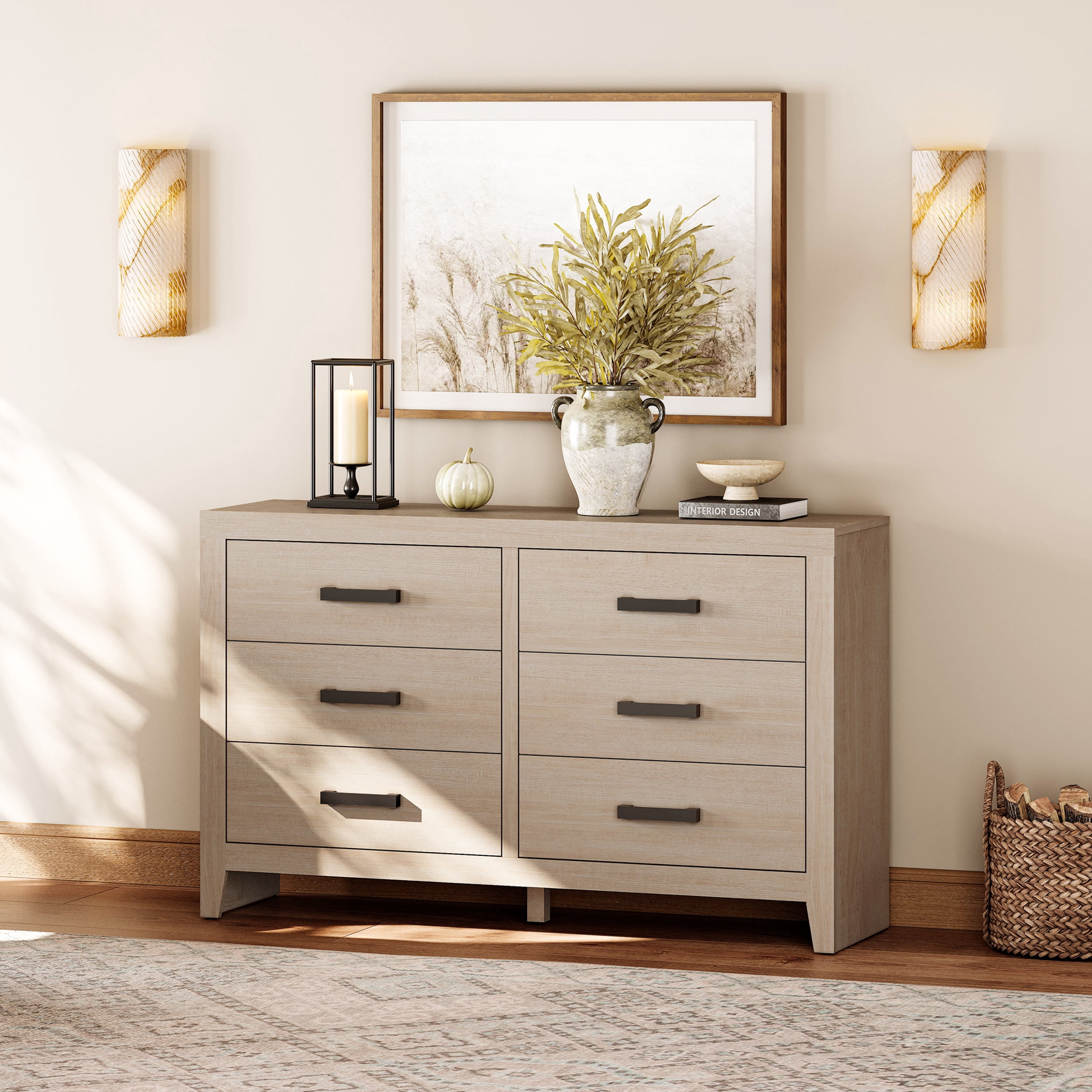 WAMPAT Farmhouse Wooden Sideboard with 6 Drawers, 53 Inch Wide Rustic Storage Sideboard Cabinet, Multi-Functional Buffet Cabinet for Living Room, Dinning Room, Beige