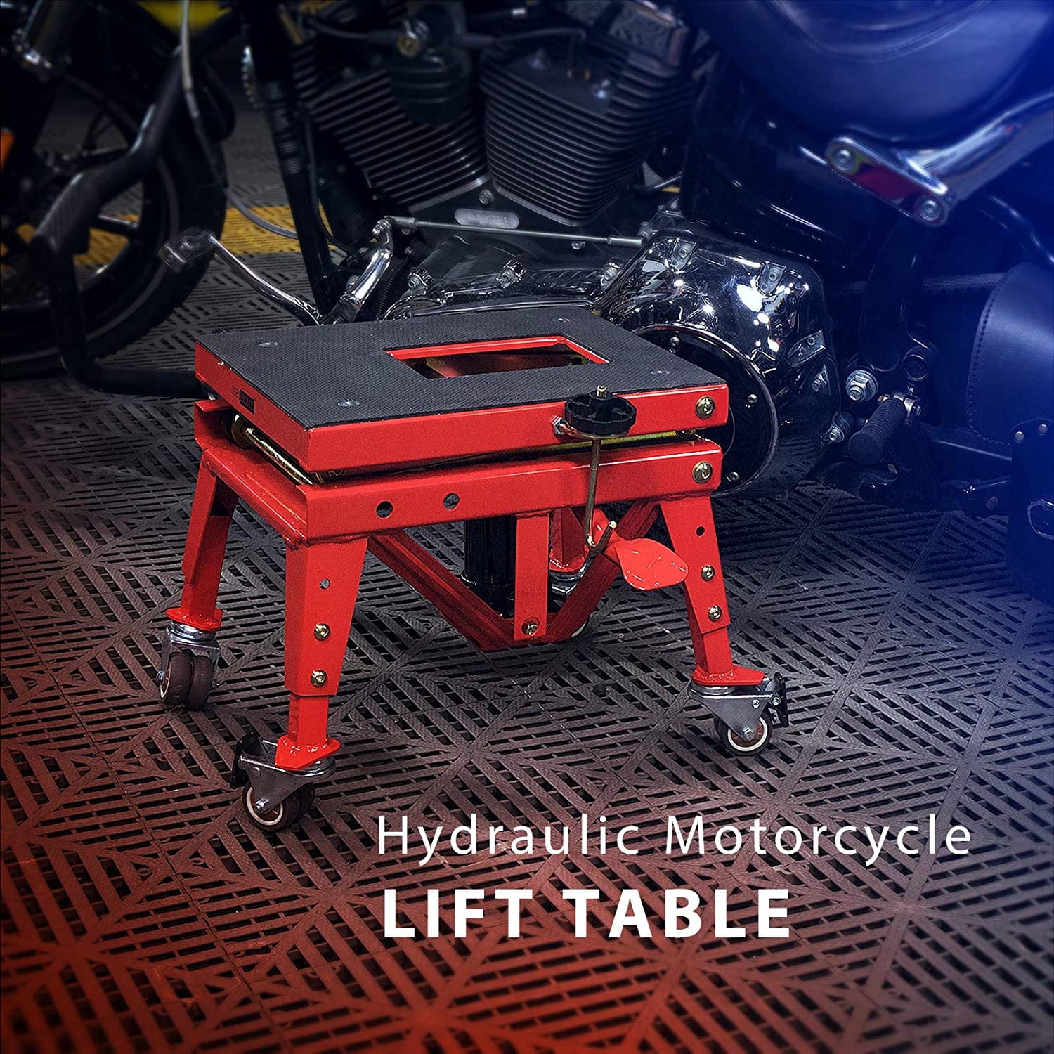 SPECSTAR 350 Lbs Heavy Duty Hydraulic Motorcycle Lift Table,Foot Operated Scissor Jack Stand for ATV Dirt Bike, 4 Wheels,Red
